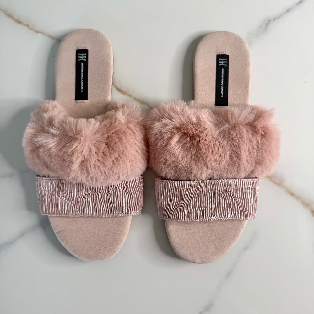 NWOT INC International Concepts Fuzzy Pink Slide Sandals